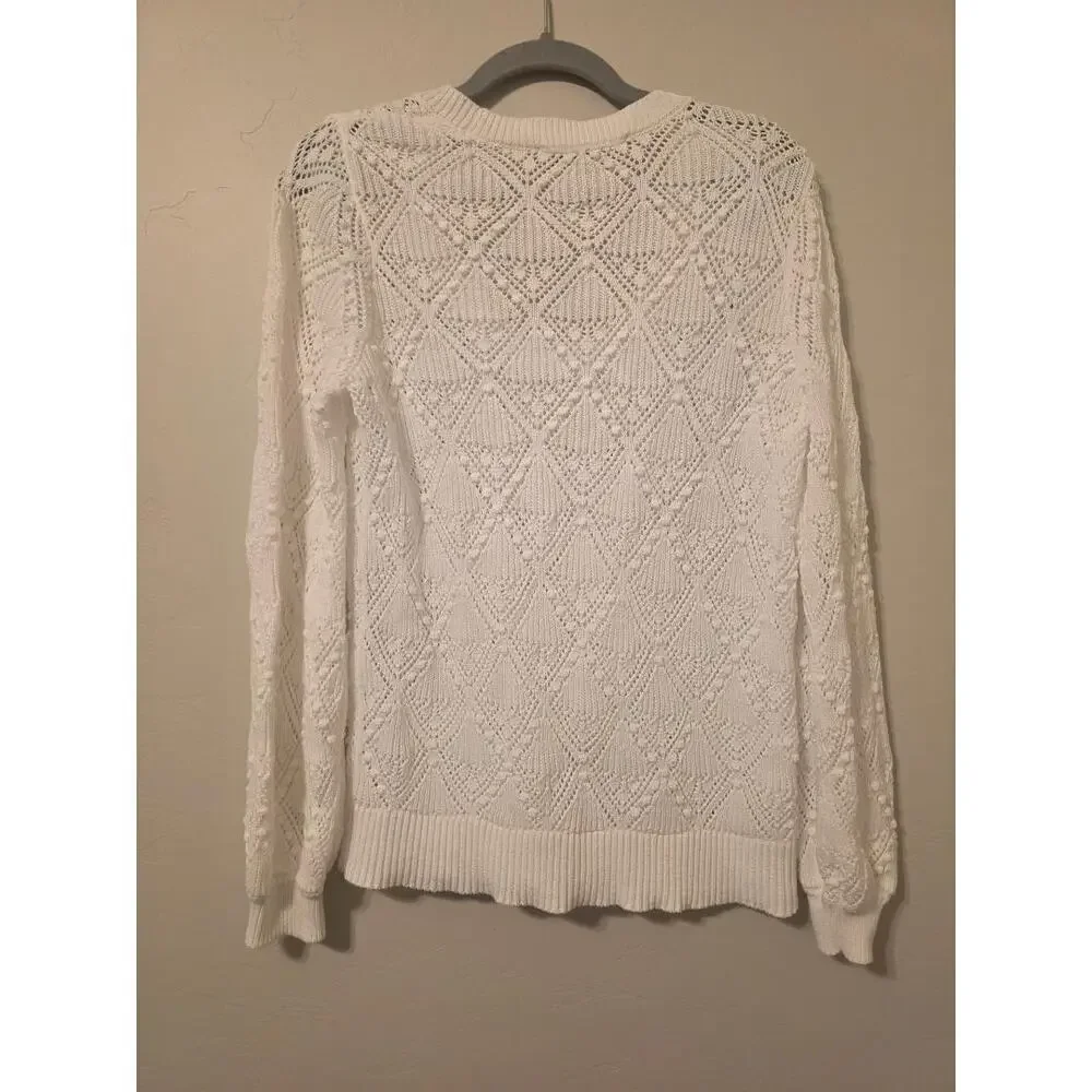 LOFT White Pointelle Knit Sweater Cotton Lightweight Cottagecore Medium